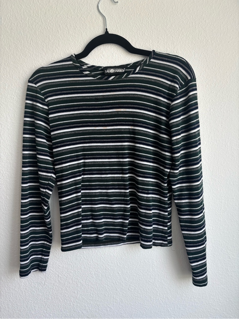 Sag Harbor Black and Dark Green Striped Long-Sleeve Tee